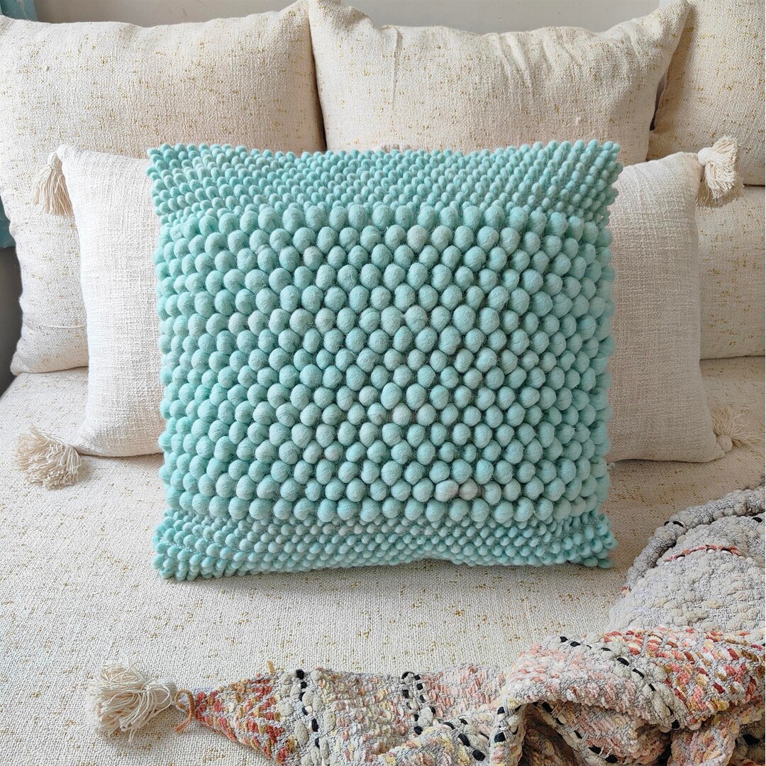 Aqua Blue Chunky Loops Wool Cotton Hand Loom Woven 16x16, 18x18, 20x20 ...