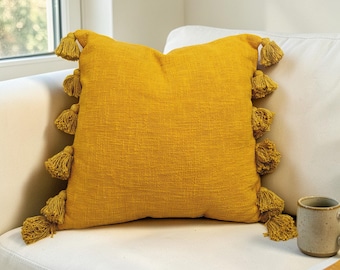 Mustard Yellow Cotton Tassel Pillow Cover | Handloom Boho Textured Throw Pillow Case