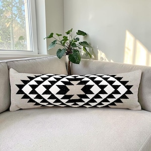 Extra Long Black Gray Tribal Lumbar Cushion Cover, Geometric Boho Cotton Pillow, Southwestern Aztec Sofa Accent Deco