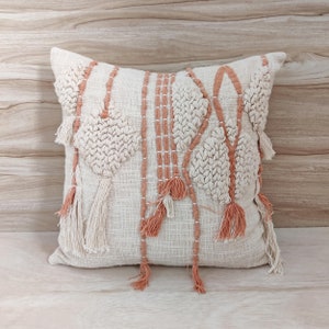 Ivory & Blush Pink Cotton Hand Embroidered Tufted 18x18 | 20x20 Decorative Cushion Cover Decorative Textured Boho Throw Pillow Case