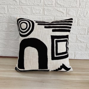 Black & Off White Embroidered Textured 100% Raw Cotton 14x20, 18x18 , 20x20 , 22x22 , 24x24 Inches Decorative Throw Pillow Cover