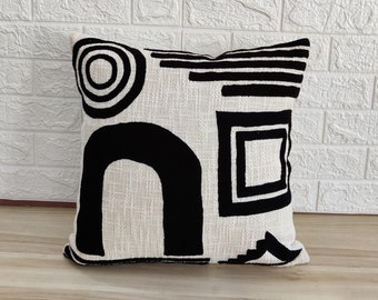 Black & Off White Embroidered Textured 100% Raw Cotton 14x20, 18x18 , 20x20 , 22x22 , 24x24 Inches Decorative Throw Pillow Cover