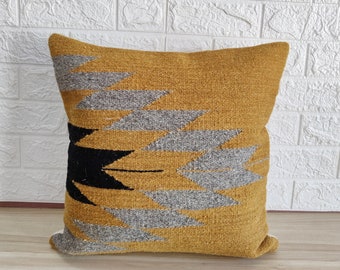 Gold & Black Pillow Case Wool Cotton Handloom Woven 18x18 , 20x20 Inch Boho Decorative Throw Pillow Cover Cushion Cover Kilim Pillow Cover