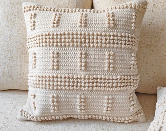 Off White/Cream Cotton Hand Loom Woven 20x20 Inches Boho Throw Pillow Case Decorative Cushion Cover