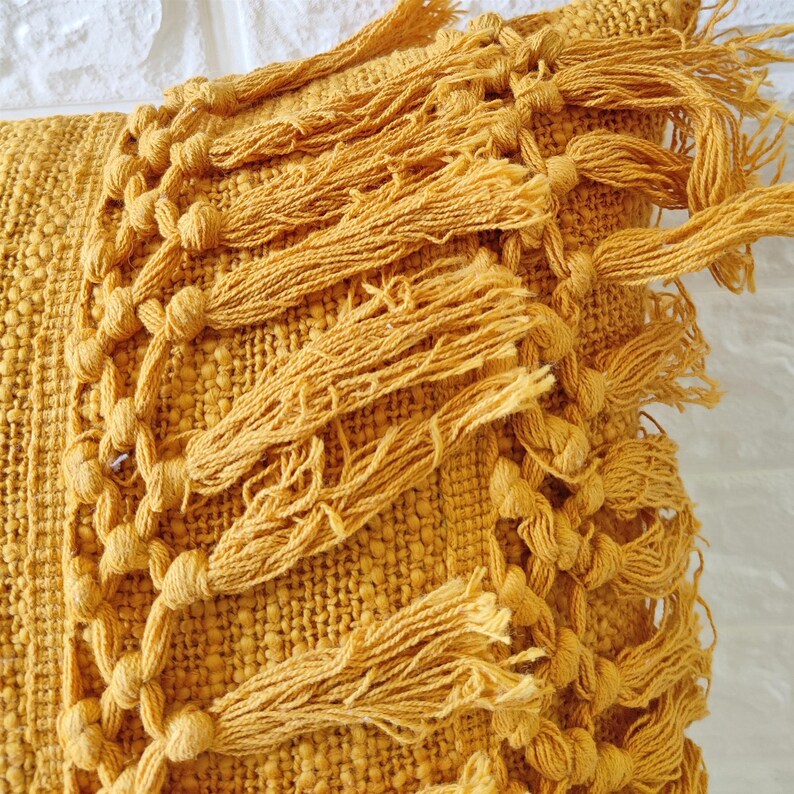 Mustard Yellow Fringe Pillow Cover 100 Raw Cotton Hand Dyed Etsy