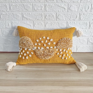 Mustard Yellow & Ivory Cotton Embroidered Tufted Textured Pillow Cover 12x20 | 14x20 | 14x24 | 16x24 Cushion Cover Boho Pillow Case