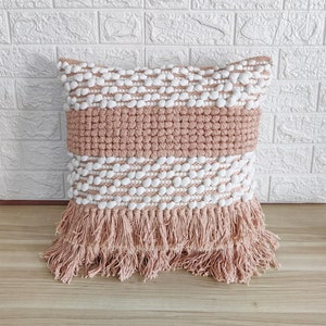 Blush Pink Chunky Loops Hand Woven Cotton 18x18 Inches Decorative Throw Pillow Cover Fringe Pillow Case