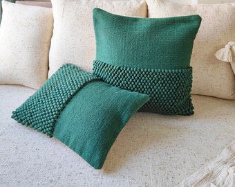 Dark Green Hand Loom Woven Cotton Wool Chunky Loops Hand Dyed Pillow Cover Boho Textured 14x20, 20x20 Cushion Cover