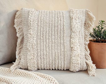 Ivory Cream Tufted Cotton Hand loom Woven Pillow Cover with Fringe Boho Textured Cushion 18x18 , 20x20 Pillow Case