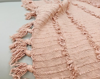 Blush Pink Cotton Throw Blanket | Hand Woven Muted Clay Textured Sofa Cover with Tassels | Rustic Minimalist Decor Throws