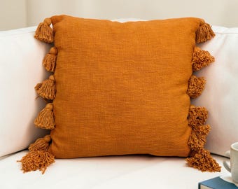Rust Orange Cotton Tassel Pillow Cover | Handloom Boho Textured Throw Pillow Case