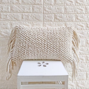 Cream Natural White Ivory Natural Wool & Cotton Woven Chunky Loops Fringe Pillow Cover 12x20 Cushion Cover Boho Pillow Case