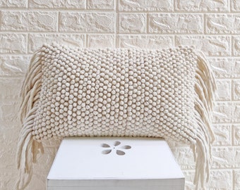 Cream Natural White Ivory Natural Wool & Cotton Woven Chunky Loops Fringe Pillow Cover 12x20 Cushion Cover Boho Pillow Case