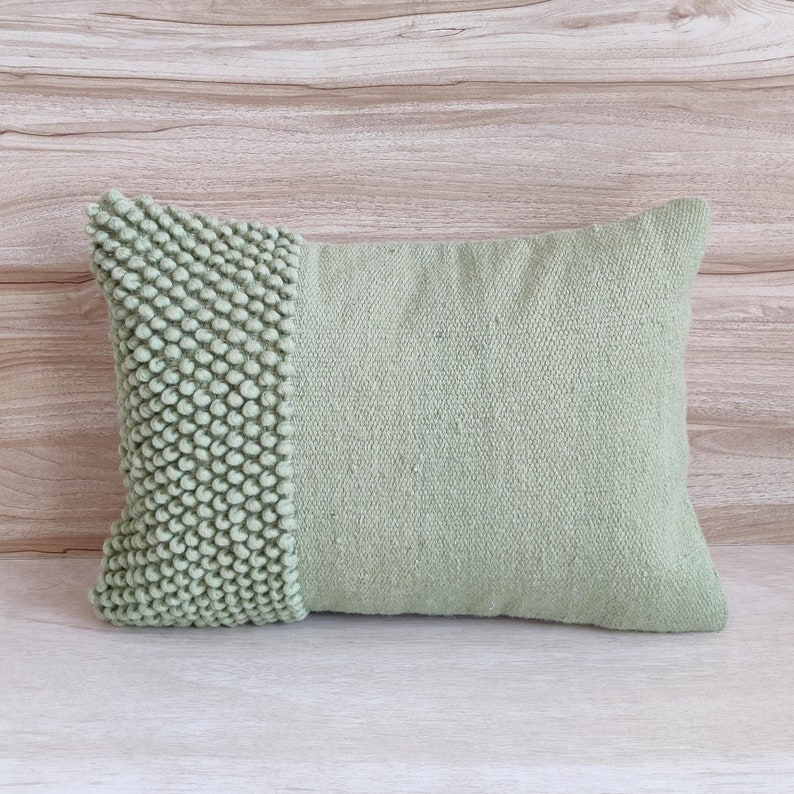 Sage Green / Light Forest Green Chunky Loops Wool Hand Woven 12x20, 14x20, 16x16, 18x18 , 20x20 Inches Decorative Throw Pillow Cover image 9