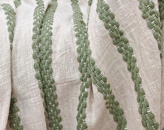 Cotton Handwoven Natural & Sage Green Throw Blanket | Fringed Rustic Farmhouse Sofa Cover | Tasseled Striped Home Decor Throws