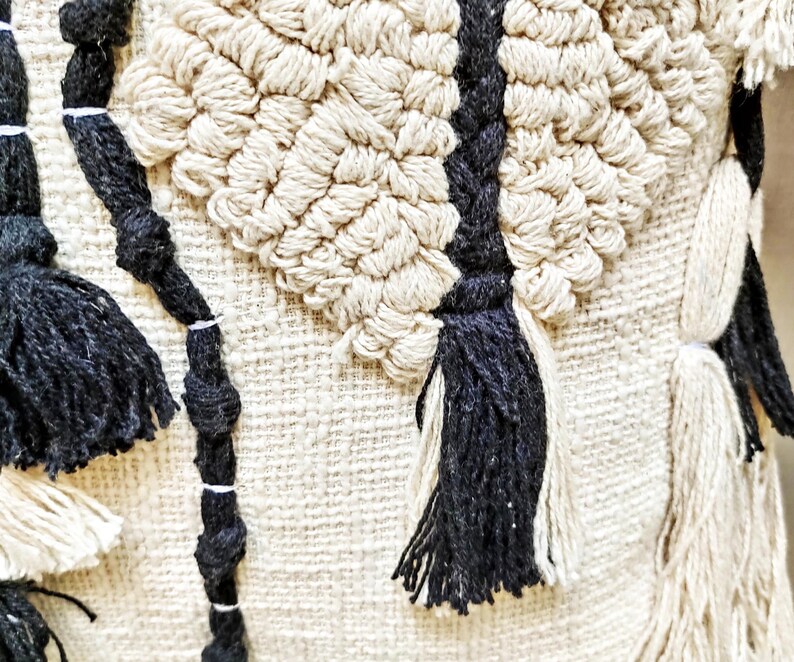 Tufted Textured Fringe Pillow White Black Cream Ivory Boho Etsy