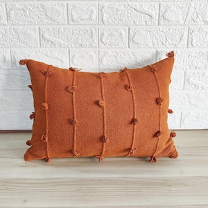 Rust Orange Hand Loom Woven Chunky Loops Natural Cotton Hand Dyed Pillow Cover Boho Textured Cushion Cover