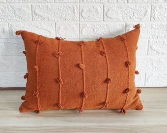 Rust Orange Hand Loom Woven Chunky Loops Natural Cotton Hand Dyed Pillow Cover Boho Textured Cushion Cover