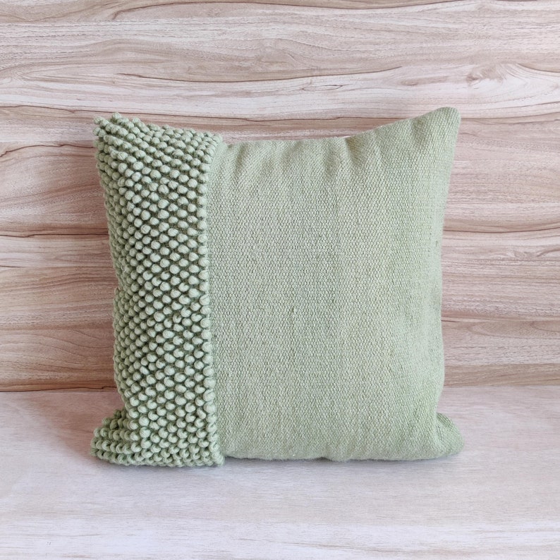 Sage Green / Light Forest Green Chunky Loops Wool Hand Woven 12x20, 14x20, 16x16, 18x18 , 20x20 Inches Decorative Throw Pillow Cover image 2