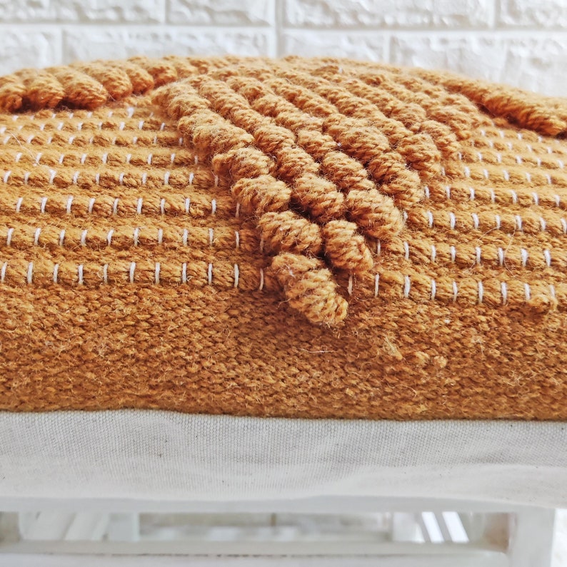 Chunky Loops Hand Woven Wool 20x20 Inches Decorative Throw Pillow Cover Hand Loom Cushion Cover Deep Mustard Yellow Pillow Case image 4