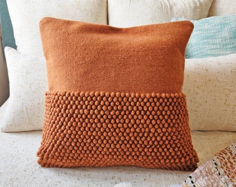 Chunky Loops Wool Hand Woven 12x20, 14x20, 16x16, 18x18 , 20x20 Inches Decorative Throw Pillow Cover Rust Orange Burnt Orange Cushion Cover