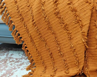 Burnt Orange Cotton Throw Blanket | Rustic Terracotta Tufted Sofa Cover with Fringe | Cozy Fall Farmhouse Decor Throws