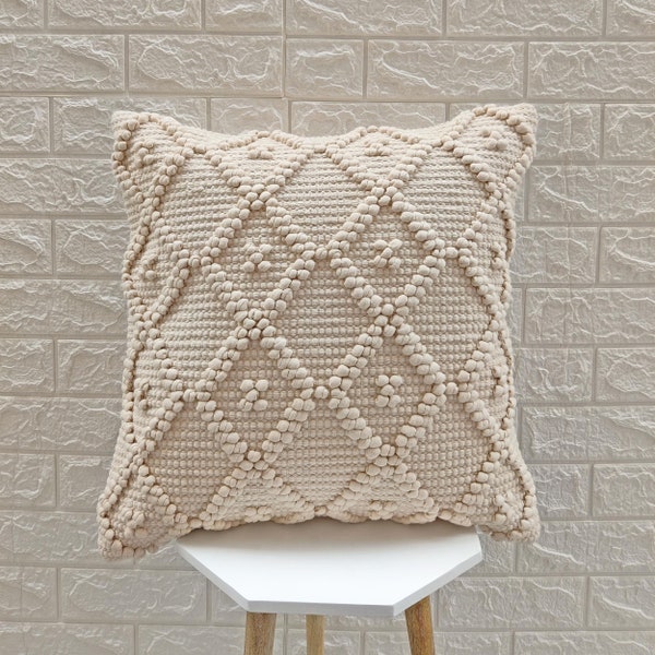 Cream Ivory 100% Cotton Hand Loom Woven 20x20 Inches Boho Decorative Throw Pillow Cover Textured Pillow Case