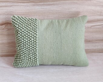 Sage Green / Light Forest Green Chunky Loops Wool Hand Woven 12x20, 14x20, 16x16, 18x18 , 20x20 Inches Decorative Throw Pillow Cover