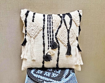 Tufted Textured Fringe Pillow White Black Cream Ivory Boho Pillow Cover 18x18 Inches Pillow Cover Indian Handmade Cushion Cover