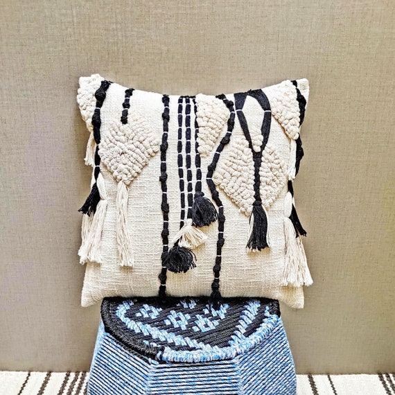 Tufted Textured Fringe Pillow White Black Cream Ivory Boho Pillow Cover 18x18 Inches Pillow Cover Indian Handmade Cushion Cover Etsy