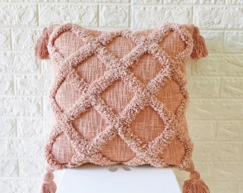 Blush Pink Tufted Textured 100% Raw Cotton Hand Dyed Fabric 18x18 , 20x20 , 22x22 , 24x24 Inches Boho Decorative Throw Pillow Cover