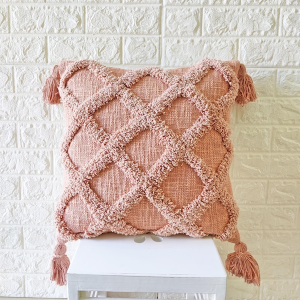 Blush Pink Tufted Textured 100% Raw Cotton Hand Dyed Fabric 18x18 , 20x20 , 22x22 , 24x24 Inches Boho Decorative Throw Pillow Cover