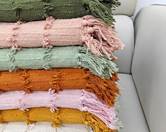 Natural Cotton Hand Woven Throw Blanket - Textured Sofa Cover with Tassels - Rustic Minimalist Decor Throws