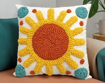 Handmade Embroidered Cotton Pillow Cover, Boho Sunburst Sun Design Cushion Cover