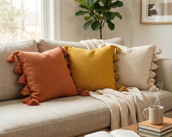 Cream Rust Orange and Mustard Yellow Cotton Tassel Pillow Cover | Handloom Boho Textured Throw Pillow Case