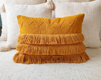 Mustard Yellow Fringed Pillow Cover 100% Raw Cotton Fabric Embroidered Textured Boho Lumber Throw Pillow Case 12x20, 14x20 Cushion Cover