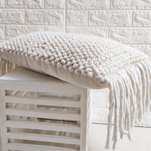 Boho Pillow Case Cream Natural White Ivory Acrylic Wool Woven Chunky Loops Fringe Pillow Cover 12x20, 14x20 Cushion Cover