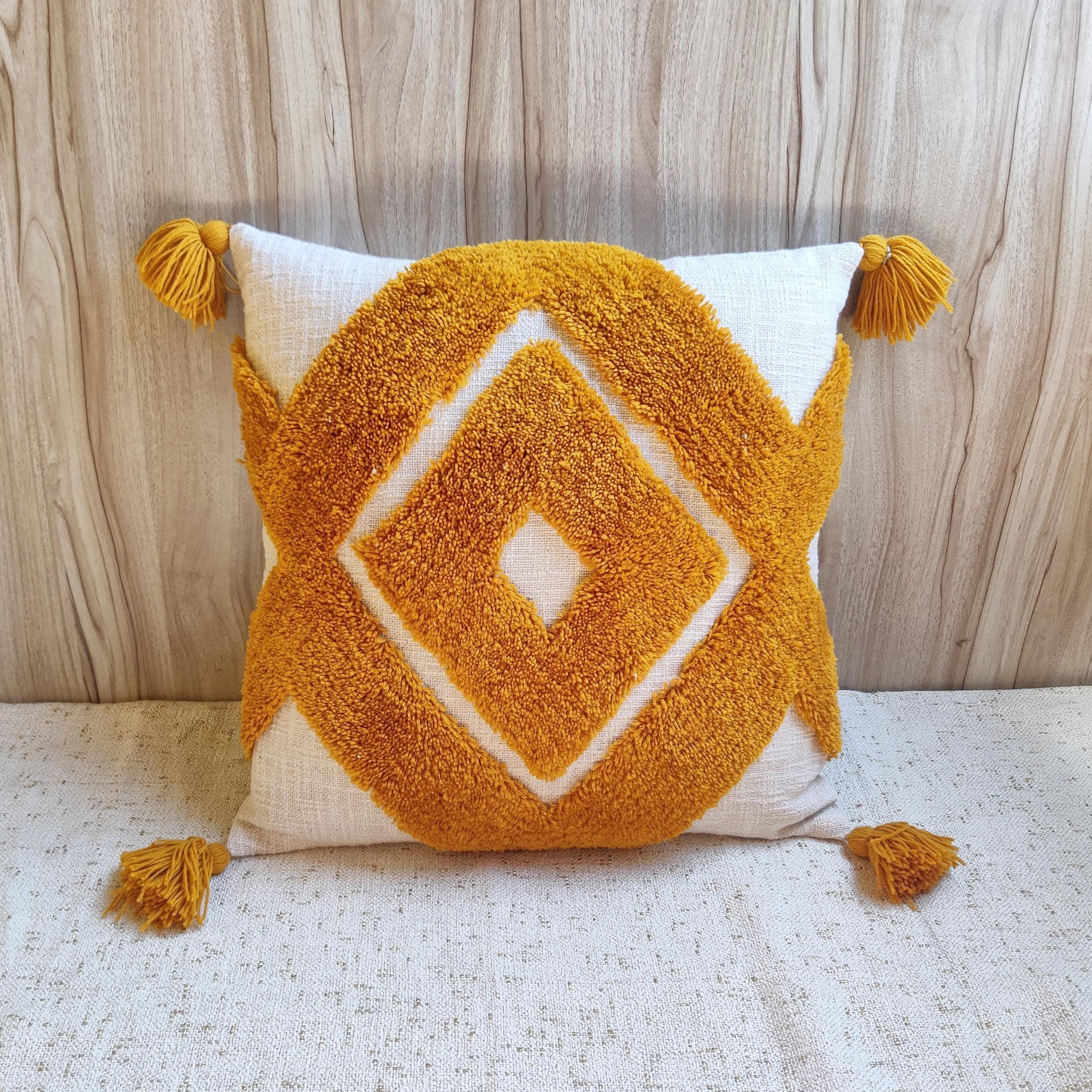 Natural White & Mustard Yellow 100% Cotton Tufted Textured 16x16, 20x20, Inches Boho Decorative Textured Cushion Cover Throw Pillow Cover