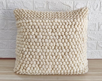 Ivory Off White Chunky Loops Wool Cotton Hand Loom Woven 16x16, 18x18, 20x20, 22x22 Inches Boho Throw Pillow Case Decorative Cushion Cover