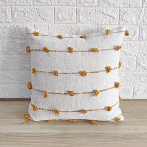 White & Mustard Yellow Hand Loom Woven Chunky Loops Natural Cotton Hand Dyed Pillow Cover Boho Textured Cushion Cover