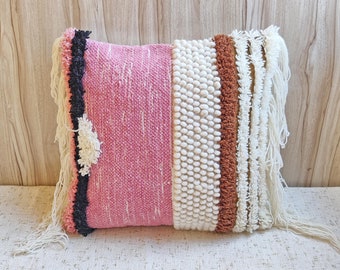 Pink Cream & Multi Color Hand Loom Woven Fringe Pillow Cover Cotton Wool Textured Lumber Throw Pillow Case 12x20 Boho Cushion Cover