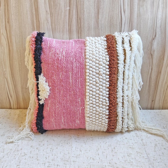 Pink Cream & Multi Color Hand Loom Woven Fringe Pillow Cover Cotton Wool Textured Lumber Throw Pillow Case 12x20 Boho Cushion Cover