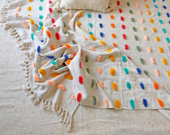 Cotton Tufted Throw Blanket: Embroidered Multicolor Boho Bedding Throw