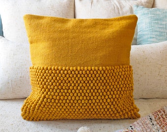 Mustard Yellow Chunky Loops Wool Hand Woven 12x20, 14x20, 16x16, 18x18 , 20x20 Inches Decorative Throw Pillow Cover Yellow Cushion Cover