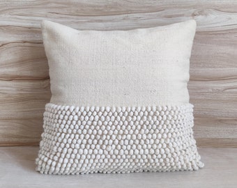 Ivory / Off White Chunky Loops Wool Hand Loom Woven 12x20, 14x20, 16x16, 18x18 , 20x20 Inches Decorative Throw Pillow Cover