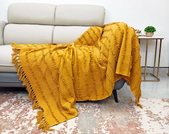 Mustard Yellow Cotton Hand woven Throw Blanket | Golden Textured Boho Sofa Cover with Fringe | Mid-Century Modern Rustic Home Decor Throws