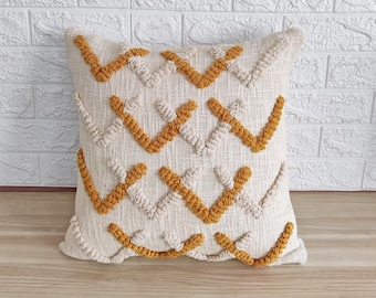 マスタードイエロー&アイボリー/クリーム刺繍入りタフテッド生コットン 18x18、20x20、22x22、24x24インチ ボヘミアン装飾スロークッションカバー