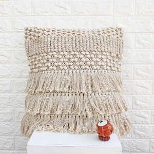 Natural White (Off White/Ivory) Natural Cotton Woven Tufted Textured Pillow Cover 18x18 Inches Cushion Cover Boho Fringe Pillow Case