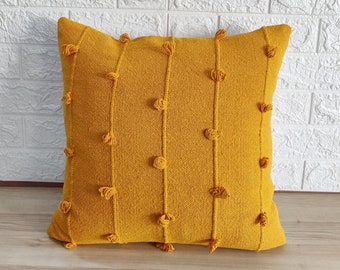Yellow Handloom Woven Chunky Loops Natural Cotton Hand Dyed Pillow Cover Boho Textured Cushion Cover 16x16, 18x18, 20x20 Woven Pillows