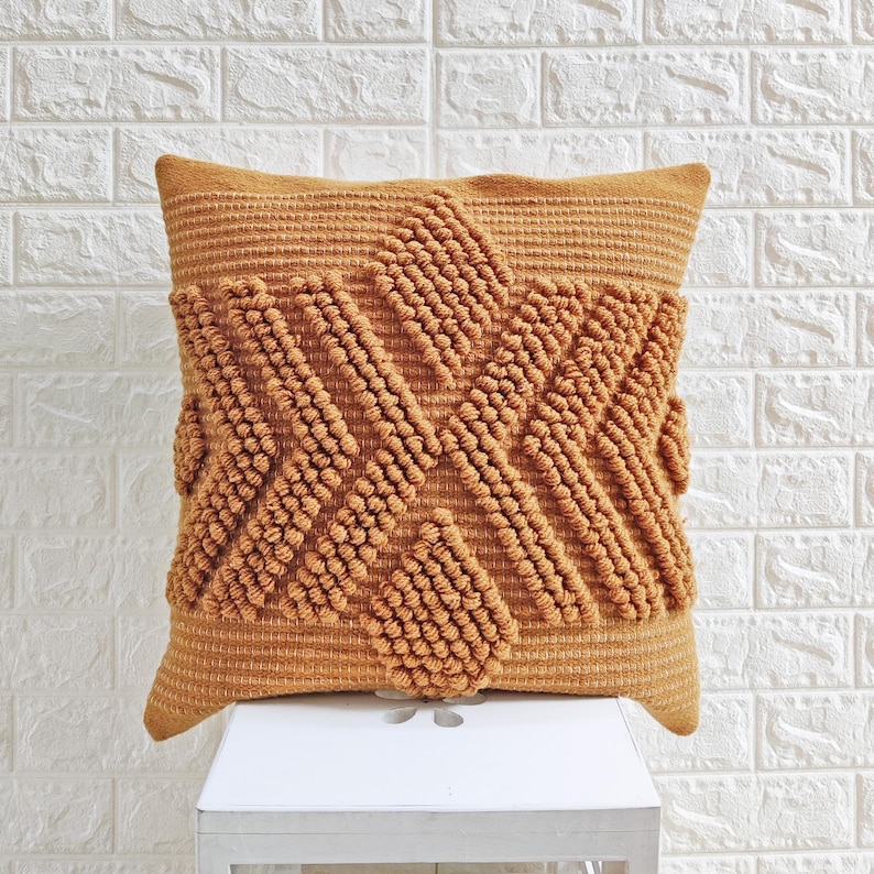 Chunky Loops Hand Woven Wool 20x20 Inches Decorative Throw Pillow Cover Hand Loom Cushion Cover Deep Mustard Yellow Pillow Case Ochre